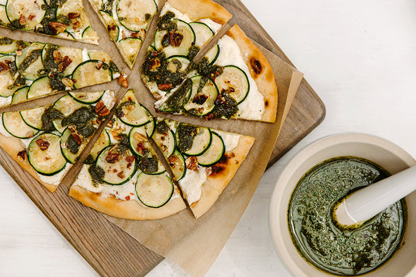 Naan Flatbread with Zucchini, Ricotta, Pecan Pesto - Schermer Pecans