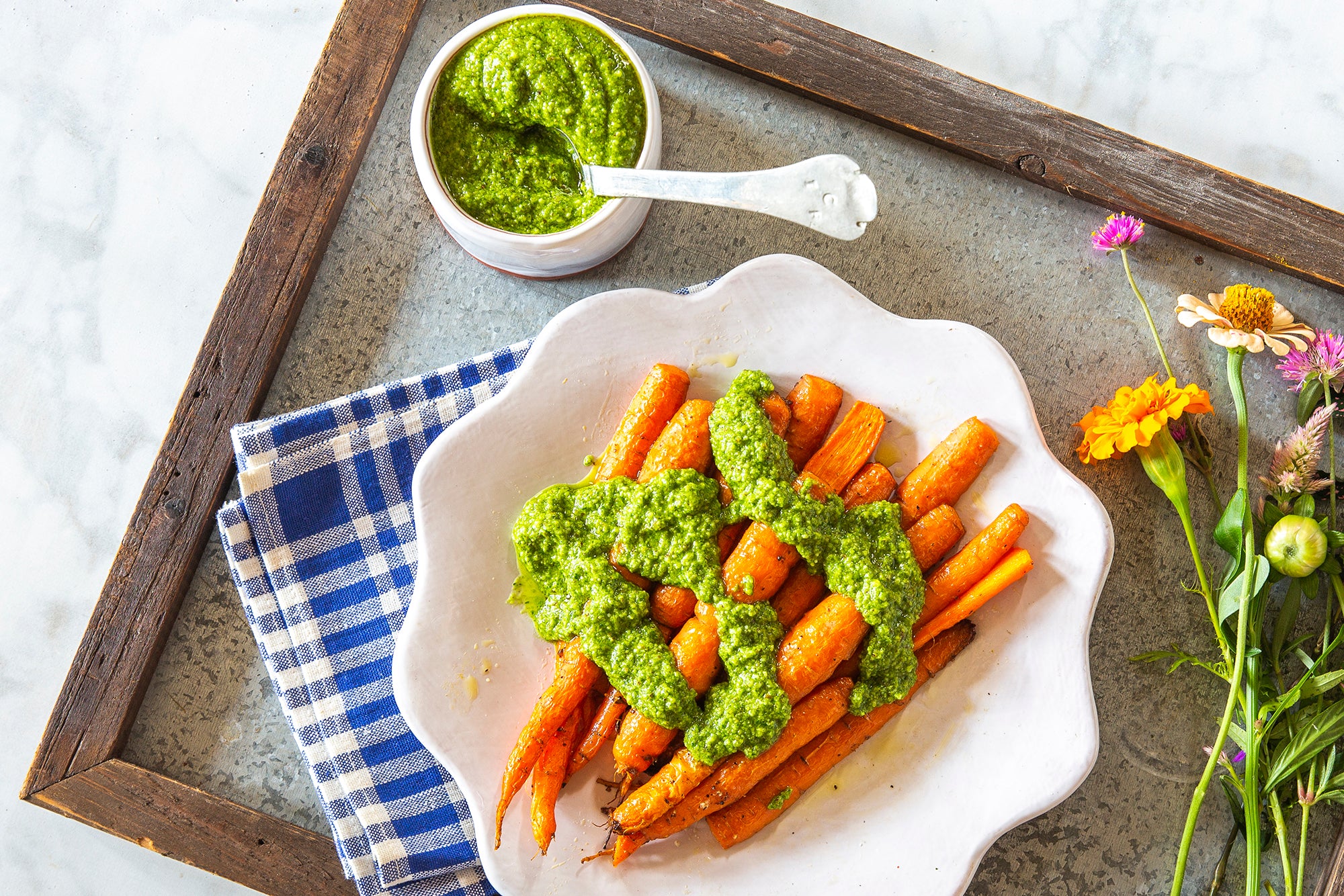Libbie Summers' Roasted Carrots with Spinach and Herb Pecan Pesto