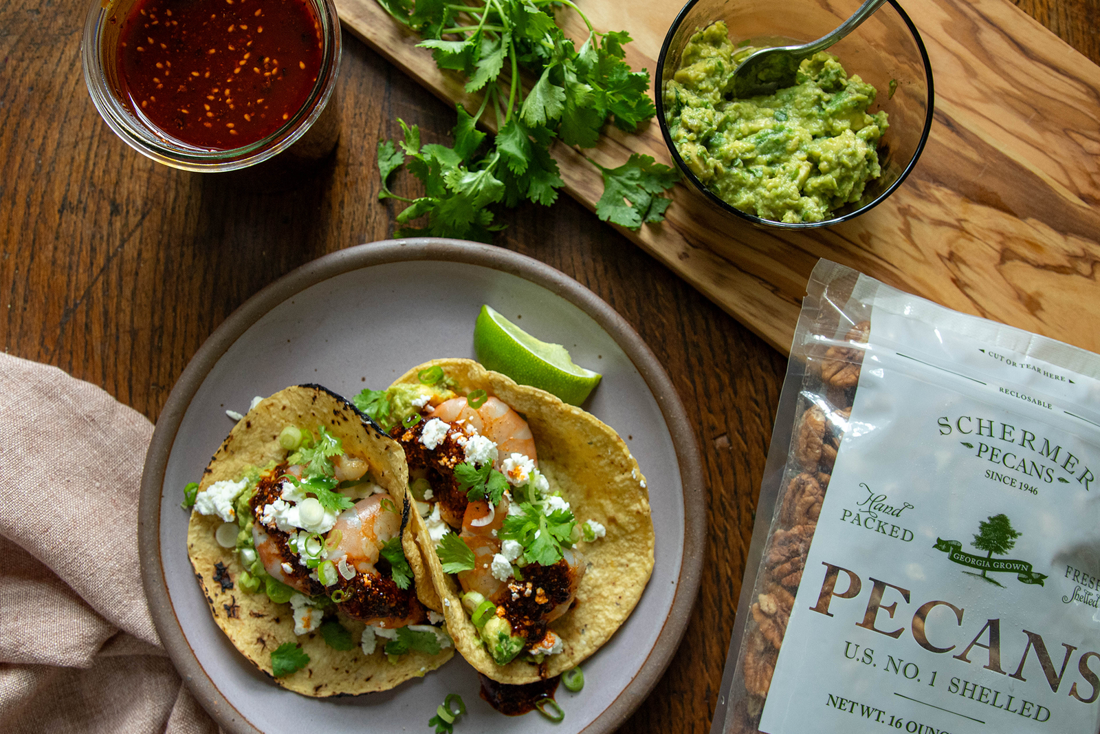 Shrimp Tacos with Pecan Salsa Macha